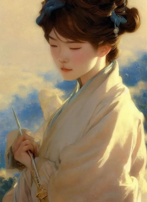 Image similar to detailed portrait of serene anime girl gwen wearing hanfu, closed eyes, natural light, painting by gaston bussiere, craig mullins, j. c. leyendecker