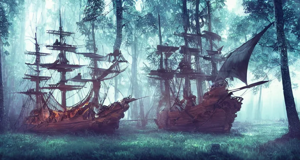 Prompt: a pirate ship in the middle of a forest, atmospheric lighting, realistic