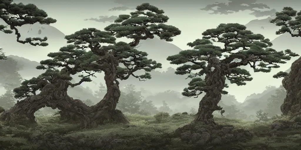 Prompt: old japanese landscape with curved trees and rocks, detailed, high quality, trending on artstation, 8 k, award winning