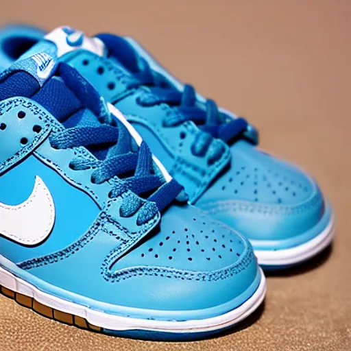 Prompt: a press photograph of nike dunk low baby blue and white