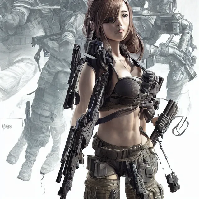 Image similar to the hyperrealistic portrait of lawful neutral female futuristic marine sniper as absurdly beautiful, gorgeous, elegant, young anime gravure idol, an ultrafine hyperdetailed illustration by kim jung gi, irakli nadar, intricate linework, bright colors, octopath traveler, final fantasy, unreal engine 5 highly rendered, global illumination, radiant light, detailed and intricate environment