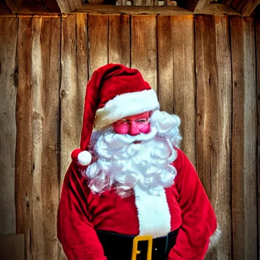 Prompt: Santa inside a rustic barn, in the style of Jenny Nyström