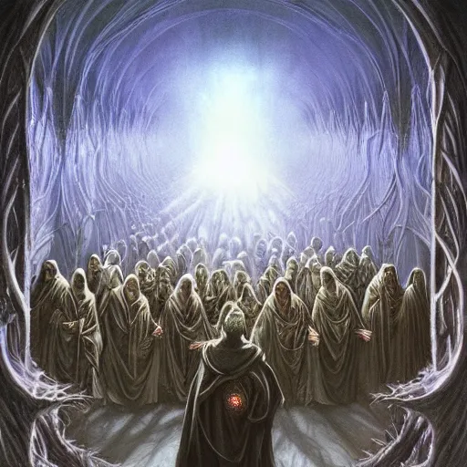 Image similar to a dark cabal of hooded elven mystics in long robes gathered in a circular formation around a highly advanced quantum computer processing the spirits of the dead, dan seagrave art, michael whelan