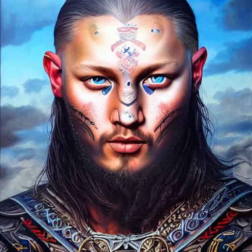 Prompt: ultra realistic portrait painting of a ragnar from the vikings with blue eyes and tribal tattoo, painted by Tristan Eaton Stanley Artgerm and Tom Bagshaw