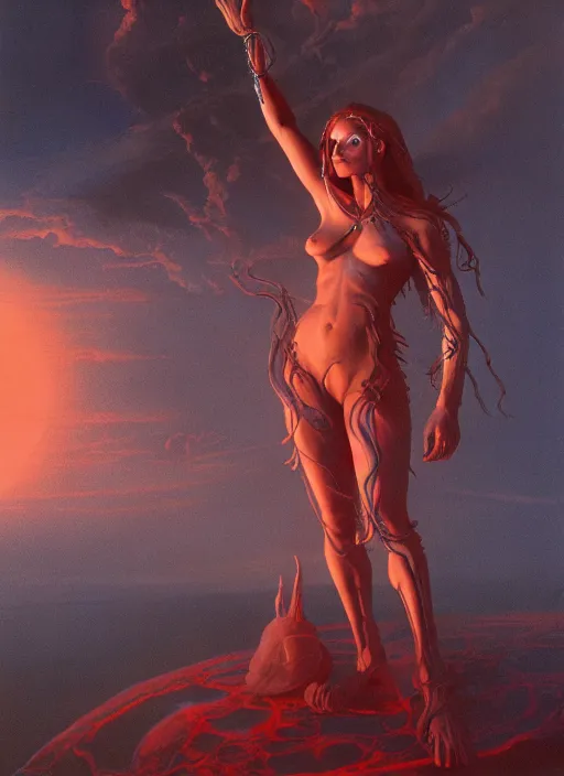 Image similar to biblical hell beautiful female witch android, shiva, storm, glowing veins, in clouds, sunset, portrait by wayne barlowe, by peter elson, muted colors, by frank frazetta, extreme detail, reflections, trending on artstation, 8 k