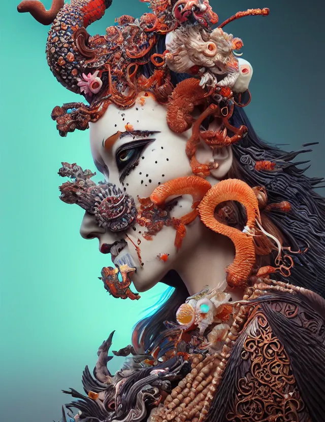 Image similar to 3 d goddess of hell close - up profile portrait with ram skull. beautiful intricately detailed japanese crow kitsune mask and clasical japanese kimono. betta fish, jellyfish phoenix, bio luminescent, plasma, ice, water, wind, creature, artwork by tooth wu and wlop and beeple and greg rutkowski