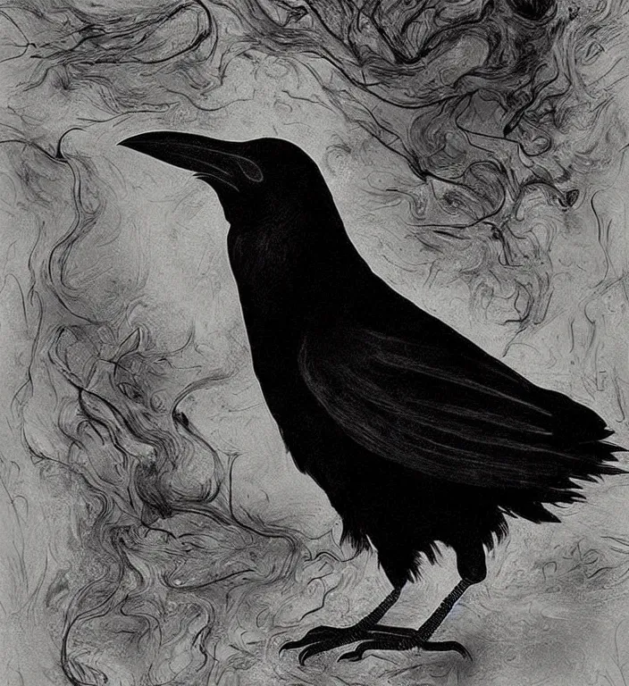 Image similar to raven bird, epic digital art, realistic, extreme detail, by edvard munch of artistic form coming into being as two elements are successfully fused.