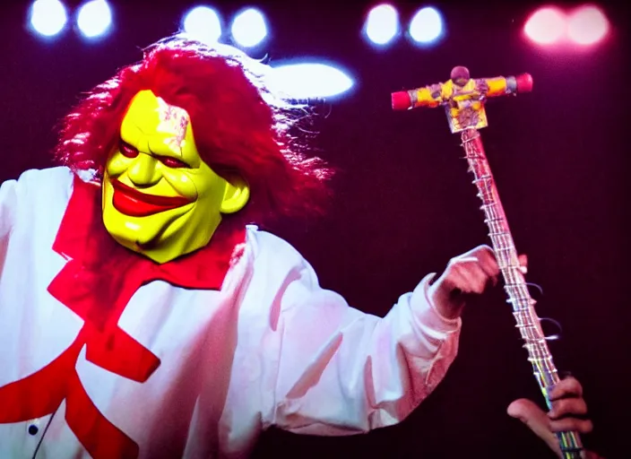 Image similar to publicity photo still of ronald mcdonald wearing a slipknot mask touring with slipknot live on stage, 8 k, live concert lighting, mid shot