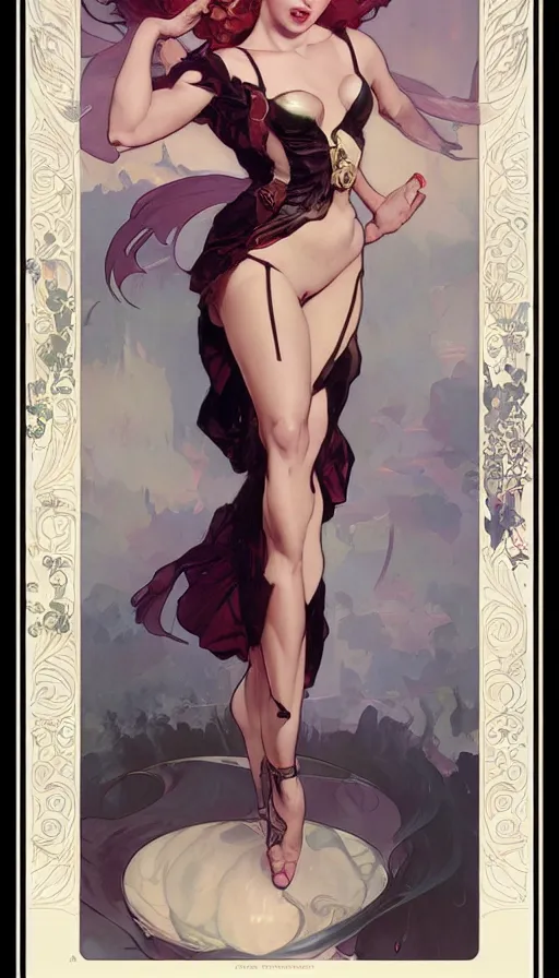 Image similar to diva in a cute pinup pose by artgerm, greg rutkowski and alphonse mucha, concept art, matte, intricate, full body, epic composition