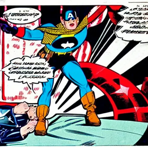 Prompt: Captain America is arresting Batman, silver age of comics, Jack kirby illustration, comicbook pane