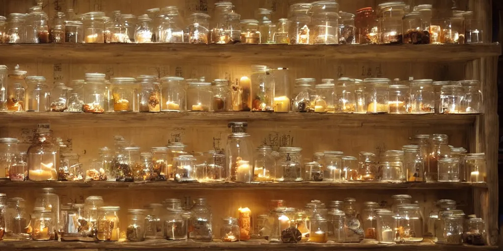 Prompt: chinese traditional medicine store lit by candles displaying glass jars filled with organic matter