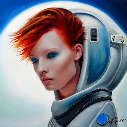 Image similar to redhead fashion model in futuristic astronaut suit, portrait, hyperrealism oil painting