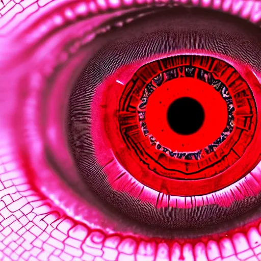 Image similar to a detailed extremely close up of inside the iris, cornea, red image, microscopic, extremely close up drawing by junji ito, cgsociety, generative art, lovecraftian, parallax, cosmic horror, extremely detailed, hyperrealism, unreal engine, octane render, award winning, masterpiece, highly detailed, realistic, 4 k, digital