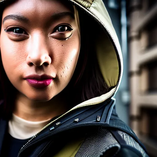 Prompt: candid photographic portrait of a techwear mixed young woman inside a hidden busy speakeasy, closeup, sigma 85mm f/1.4, 4k, depth of field, high resolution, 4k, 8k, hd, full color