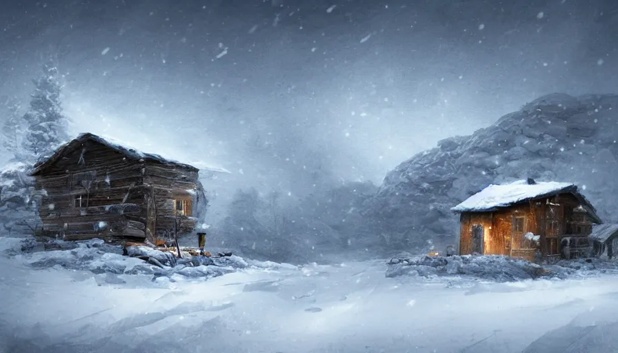 Image similar to A Snowplow!! clearing a beautiful snowy landscape with a small hut in the background. A blizzard and heavy snow falls. Fog and mist, highly detailed, concept art, digital art, 4k, high snow