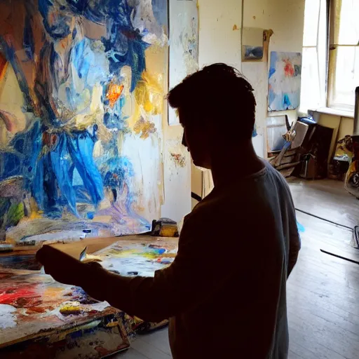 Prompt: a standing artist in the middle of an full atelier drawing a self portrait of him as an oil painting in an chaotic but beutiful and huge atelier while some sunlight comes through the other paintings, behind view, golden hour, positive mood low energy.