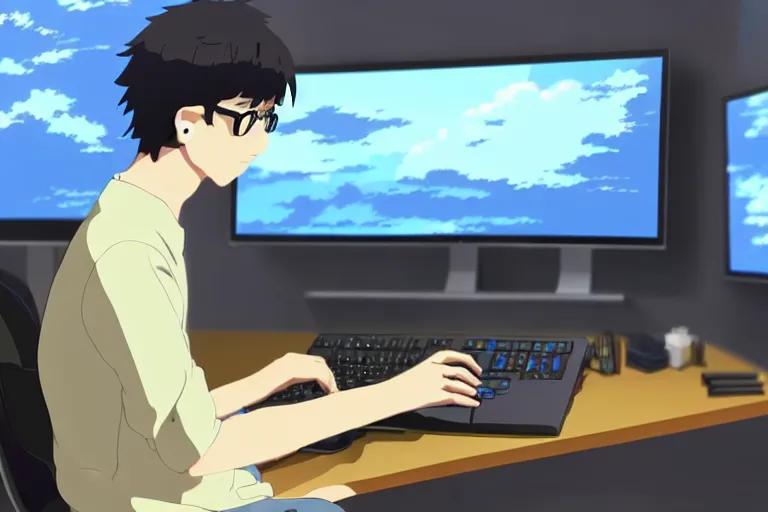 Image similar to a nerdy boy is programming at a computer in a room full of gadgets, by makoto shinkai and ghibli studio, highly detailed, incredible quality, trending on artstation