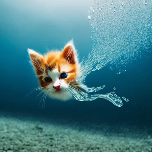 Image similar to a cute baby kitten swimming underwater trying to catch a fish, (((water bubbles))), award-winning photograph, national geographic, 8K UHD