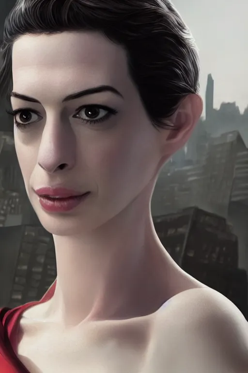 Prompt: a fancy close up of Man of Steel cast as Anne Hathaway by Greg Rutkowski, Sung Choi, Mitchell Mohrhauser, Maciej Kuciara, Johnson Ting, Maxim Verehin, Peter Konig, 8k photorealistic, cinematic lighting, HD, high details, dramatic, trending on artstation, full body shot