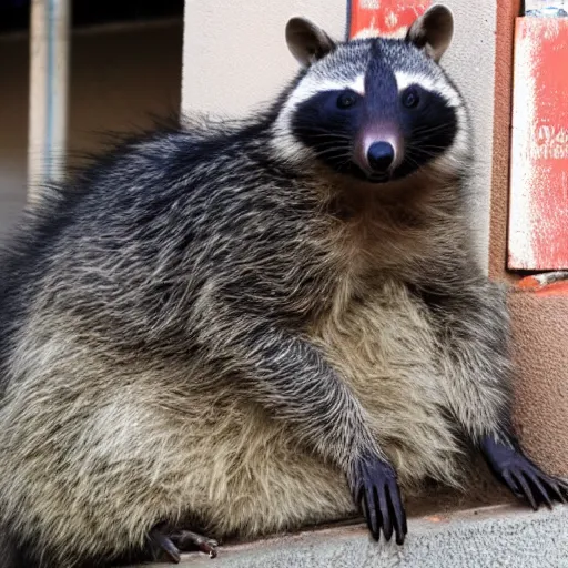 Prompt: morbidly obese homeless dirty racoon 4k photo