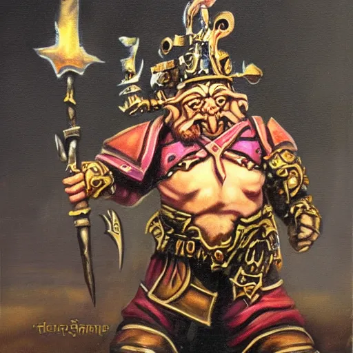 Image similar to chaos dwarf smith in the style of warhammer fantasy : : head and torso oil painting