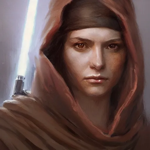 Image similar to portrait of a woman by greg rutkowski, jedi knight allana solo, straight brown hair, jedi robes, star wars expanded universe, she is about 2 0 years old, wearing jedi robes, highly detailed portrait, digital painting, artstation, concept art, smooth, sharp foccus ilustration, artstation hq