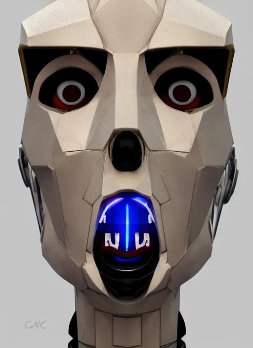 Image similar to angled facial full-head portrait of a cyberpunk bone ceramic caliente humanoid robot Spanish with an attractive face and handsome features, large blue laser eyes, macho, piroca, dotado, guapo, reflective surface, trending on cgsociety, trending on artstation