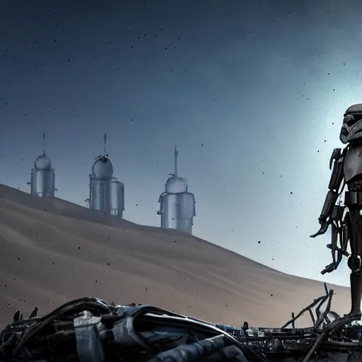 Prompt: battle damaged Steampunk stormtrooper standing on top of a derelict spaceship in the desert, high detail, 8k,