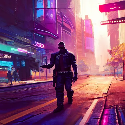 Prompt: cyberpunk 2 0 7 7 cop, purple and blue hour, art by craig mullins