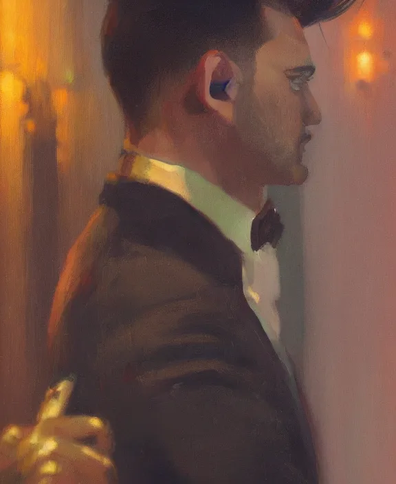 Image similar to an ultradetailed beautiful portrait painting of a man as a nightclub bouncer, side view, oil painting, high resolution, by ilya kuvshinov, greg rutkowski and makoto shinkai