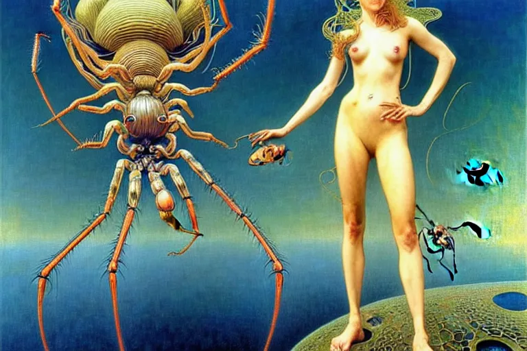 Image similar to realistic extremely detailed portrait painting of a fully dressed woman with a giant spider, futuristic sci-fi landscape on background by Jean Delville, Amano, Yves Tanguy, Alphonse Mucha, Ernst Haeckel, Edward Robert Hughes, Roger Dean, rich moody colours, blue eyes