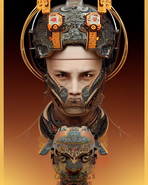 Image similar to portrait of a masculine male cyberpunk machine, machine face, upper half portrait, decorated with chinese opera motifs, asian, fine china, wuxia, traditional chinese art, intricate, elegant, highly detailed, symmetry, headpiece, digital painting, artstation concept art smooth sharp focus, illustration, art by artgerm and greg rutkowski alphonse mucha 8 k