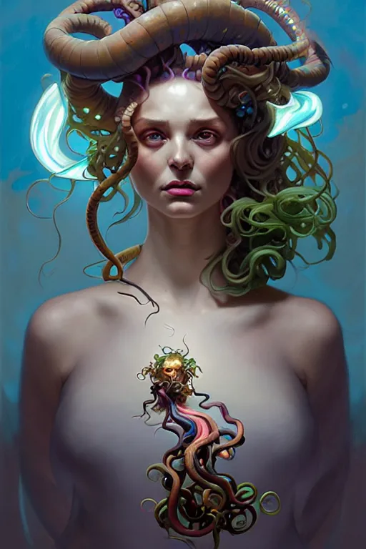 Image similar to portrait, bioluminescent medusa, elegant baroque, asymmetrical art, hyperrealism, colorful, vivid, imposing, epic, digital painting, artstation, concept art, by peter mohrbacher and wlop and rhads and artgerm and magali villeneuve and alphonse mucha