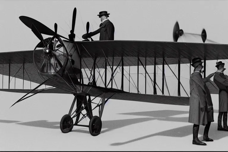 Image similar to still photo of the wright brothers taking off an airplane for the first time, black and white color photograph, highly detailed, photorealistic shot, bright studio setting, studio lighting, crisp quality and light reflections, unreal engine 5 quality render