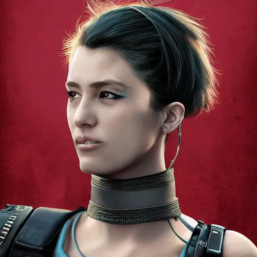 Image similar to realistic female character cyberpunk wearing technological collar around neck, realistic, art, beautiful, 4K, collar, choker, collar around neck, punk, artstation, detailed, female, woman, choker, cyberpunk, punk, collar, choker, collar around neck,