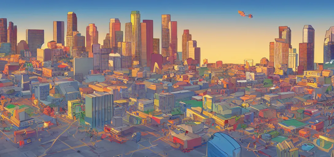 Prompt: visual development los angeles skyline cityscape, by lou romano, pixar disney dreamworks sony animation, photoshop, the art of books