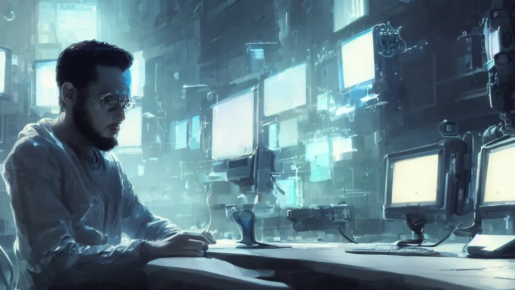 Prompt: hacker at a computer in a scifi movie, by nuri iyem, james gurney, james jean, greg rutkowski, anato finnstark. pixar. hyper detailed, 5 0 mm, perfect faces