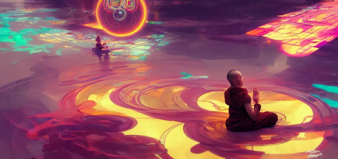 Image similar to a floating monk meditating, channeling swirling energy, wearing netrunner clothing, vaporwave aesthetic, colorful, psychedelic, digital painting, artstation, concept art, smooth, sharp focus, illustration, art by artgerm and greg rutkowski and alphonse mucha