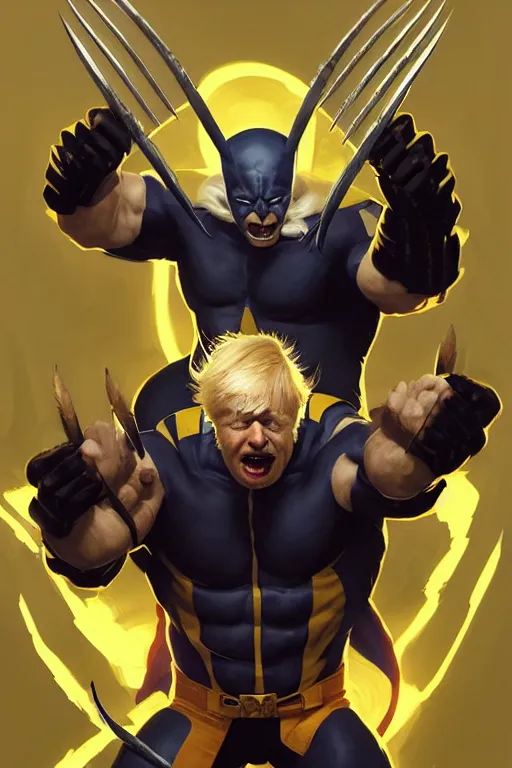 Image similar to Boris Johnson as calm but serious Wolverine, shining claws, yellow X-man costume, portrait, highly detailed, digital painting, artstation, concept art, smooth, sharp focus, illustration, cinematic lighting, art by artgerm and greg rutkowski and alphonse mucha