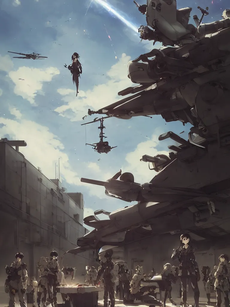 Image similar to Epic scene of a beautiful anime soldier standing in front of a cyborg repair shop, while a futuristic military helicopter flies overhead, by Greg Rutkowski and Krenz Cushart and Pan_Ren_Wei and Hongkun_st and Bo Chen and Enze Fu and WLOP and Alex Chow, Madhouse Inc., anime style, crepuscular rays, set in rainy futuristic cyberpunk Tokyo street, dapped light, dark fantasy, cgsociety, trending on artstation