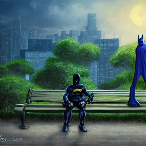 Prompt: Highly detailed painting of Batman and highly detailed Sonic on a bench in the park, portrait, sonic, batman, green grass, sunset, fantasy, hyperrealistic, highly detailed, by Greg Rutkowski and Max Bedulenko, unreal engine