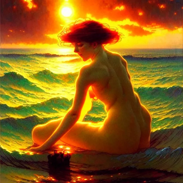 Image similar to sea of glossy liquid honey drops flowing like translucent amber, lsd waves, backlit, sunset, refracted lighting, art by collier, albert aublet, krenz cushart, artem demura, alphonse mucha