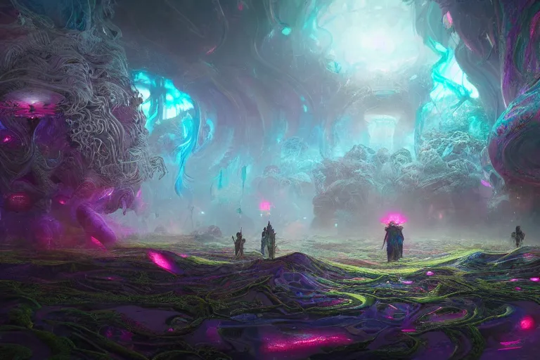 Image similar to a psychedelic realm at the edge of existence where intensely creative astral beings exist, another realm is starting to bleed through into their world, in the style of wlop, illustration, epic, fantasy, hyper detailed, smooth, unreal engine, sharp focus, ray tracing