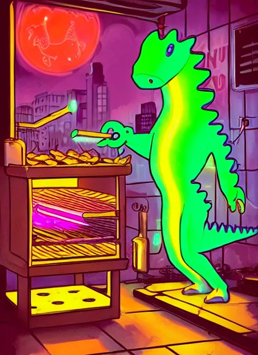 Prompt: in a neon noir future, an anachronistic waffle dinosaur is barbecuing chewing gum. the drapes are a delicious 🌈