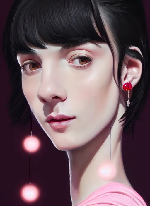 Image similar to portrait of high school girl, realistic, black hair, bangs, half updo hairstyle, pointy nose, skinny, smile, ugly, defined jawline, big chin, pink hair bow, earrings, intricate, elegant, glowing lights, highly detailed, digital painting, artstation, sharp focus, illustration, art by wlop, mars ravelo and greg rutkowski