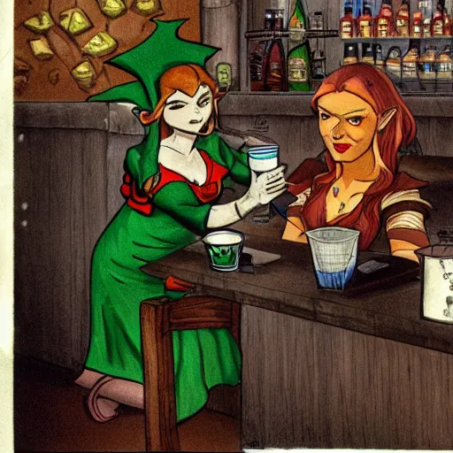 Prompt: A female elf bartender serving a drink to a tired orc office worker.