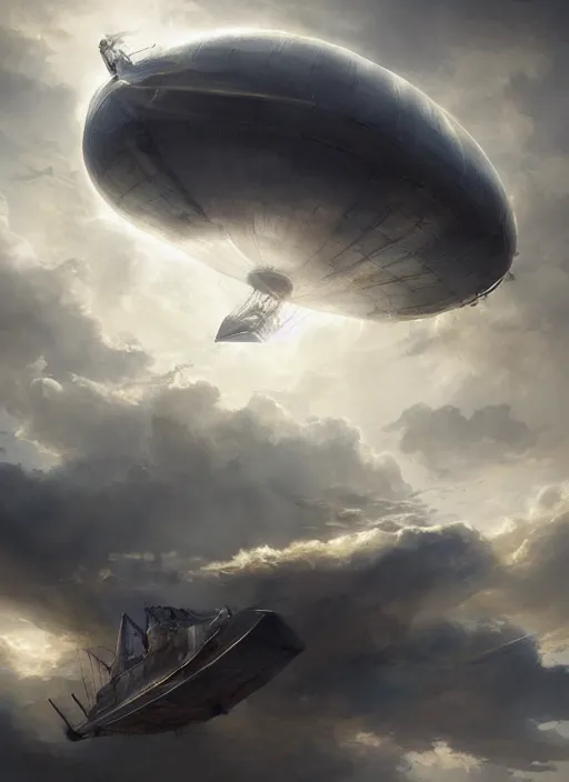 Prompt: airship flying through the clouds, volumetric light rays painted by raymond swanland