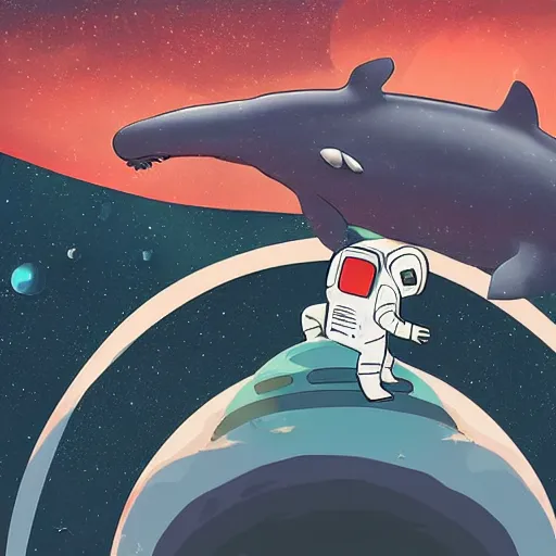 Prompt: astronaut riding on top of floating whale, in undiscovered place, space, exploration, science fiction, fine details, beautiful sky, infinite view, neo