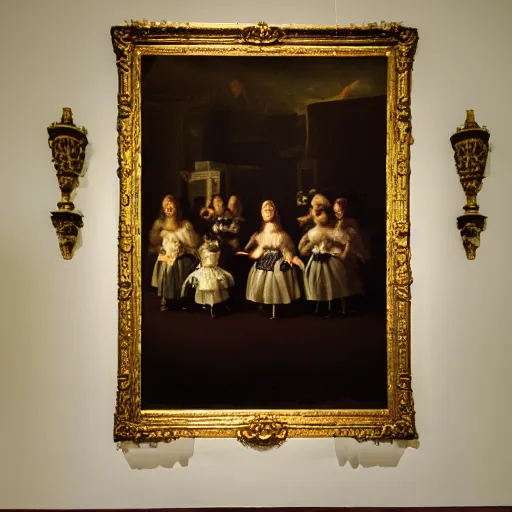 Image similar to super quality family portrait in the main room of the castle painted in 1 6 5 6, dark room, one point of light coming through the window inspired by las meninas, clear spaces between each subject and good detail and realistic eyes, faces for each person in the canva, inspired by diego velasquez baroque style