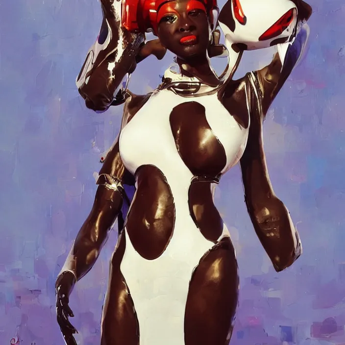 Prompt: slim and cute african domme mistress, full body, dominatrix, rubber and latex, tribal, smooth white surroundings, future, high tech, concept art, realistic painting, digital art by john berkey, by takashi murakami